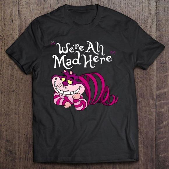Cheshire Cat We_Re All Mad Here Cat Tee, Retro Graphics Unisex Tee - Picture 1 of 4
